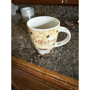 Zaisa Coffee Time Ceramic Mug Tan Brown Coffee Bean Cafe DesignThumb Rest Handle
